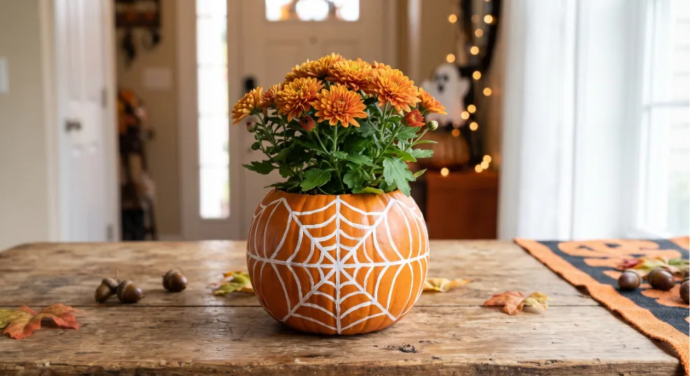 A realistic close-up photograph of a round, hand-painted orange pumpkin planter featuring an intricate, organic white spiderweb pattern wrapped around it, filled with vibrant orange flowering chrysanthemums and green foliage, sitting on a rustic wooden table centerpiece under bright natural daylight in a cozy home setting.