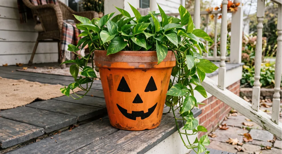 A hand-painted terracotta pot with a vibrant pumpkin orange finish and a black triangular jack-o'-lantern face sits on a weathered wooden porch step, holding a trailing leafy green pothos plant.