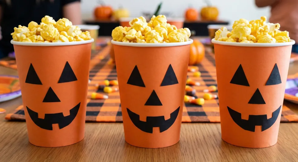 A close-up of three orange paper snack cups decorated with hand-cut black triangle jack-o-lantern faces and filled with popcorn, arranged on a festive plaid table runner at an indoor Halloween party.   