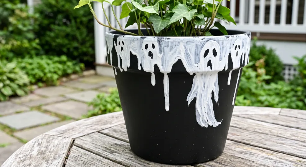 A close-up of a matte black planter featuring heavily textured white paint drips cascading over the rim to create a melting ghost illusion, sitting on a rustic wooden patio table with green ivy.
