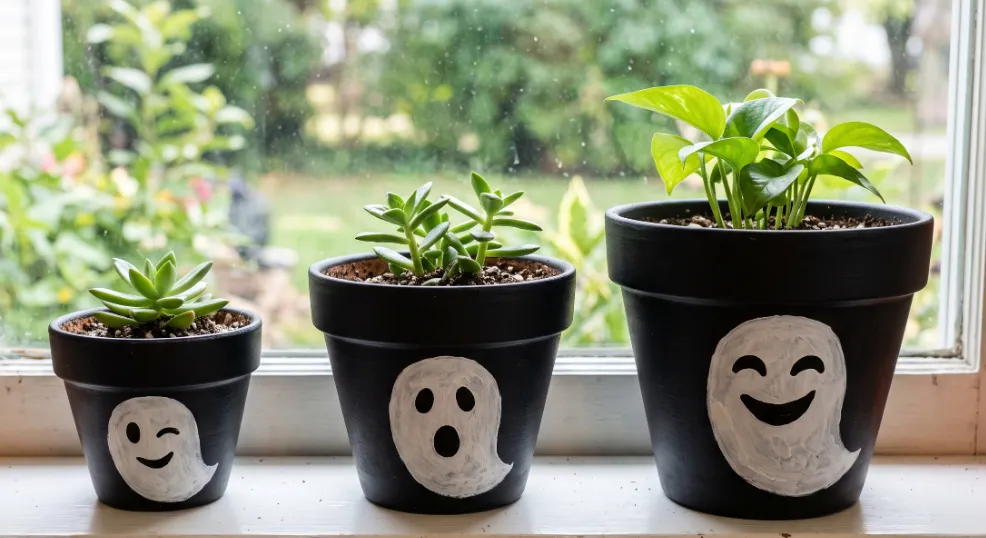 A close-up of three graduated matte black pots lined up on a bright indoor window ledge, each hand-painted with a unique white ghost expression with visible brushstrokes and holding small green houseplants.