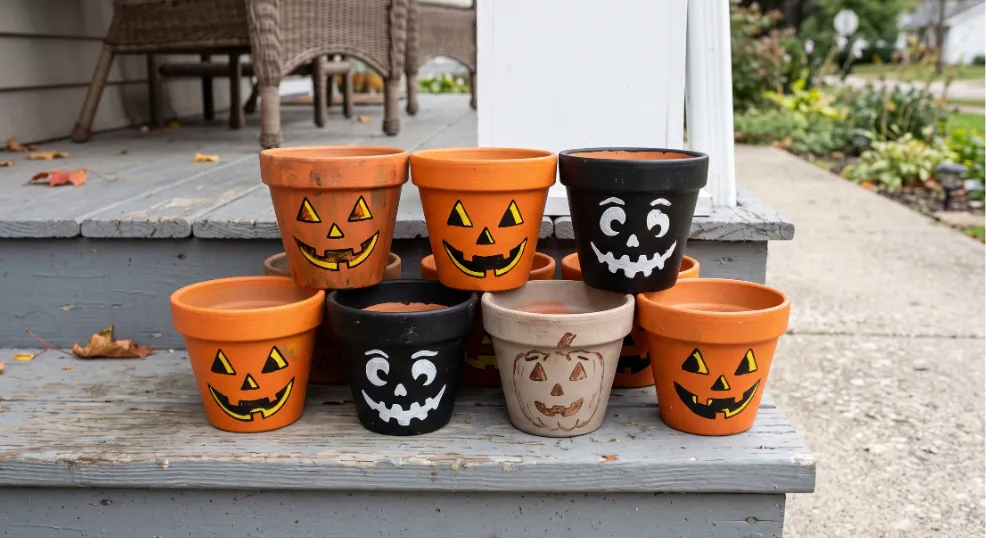 A realistic photograph of a cluster of small terracotta pots hand-painted with diverse jack-o'-lantern faces in matte black, bright orange, and neutral tones, grouped together on a rustic wooden porch step.