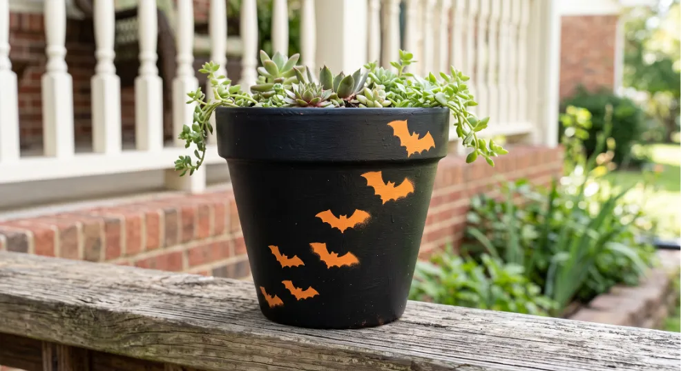 A close-up of a matte black planter featuring a diagonal trail of crisp, hand-stenciled orange bat silhouettes, sitting on a weathered outdoor porch ledge and filled with small green plants.