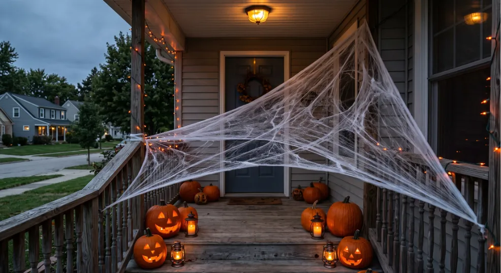 Thick, wispy white faux cobwebs are stretched diagonally across a residential wooden porch railing and front door frame, illuminated by moody evening lighting, glowing jack-o'-lanterns, and warm candle lanterns resting on the steps.
