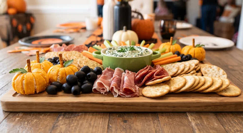 A rustic wooden charcuterie board featuring hand-shaped orange cheese pumpkins with pretzel stems, black olives, folded sliced meats, crackers, and a green dip bowl, arranged on a table for an indoor American Halloween party buffet.