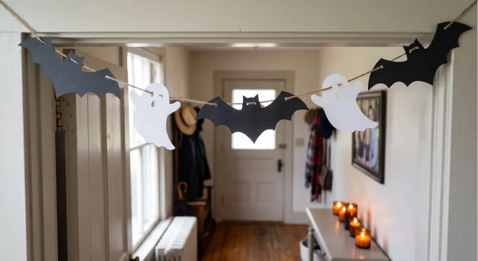 A hand-made DIY Halloween garland featuring alternating black paper bats and white paper ghosts strung on natural twine, hanging across an authentic American home interior entryway archway. The focus is on the clean cut-paper edges and hand-punched holes, with the soft, warm light of several lit candles and ambient natural daylight illuminating the background.