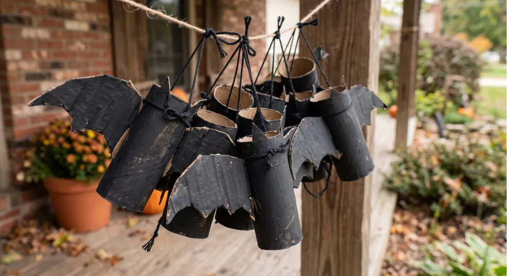 Close-up of a cluster of homemade matte black Halloween bats crafted from cardboard tubes, hanging by black string on a rustic front porch with warm fall background details