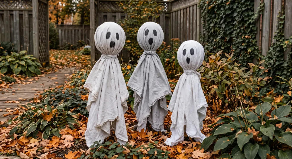 Three handmade fabric ghosts crafted from draped and knotted white bedsheets standing among fallen autumn leaves and green plants in a rustic outdoor backyard setting.