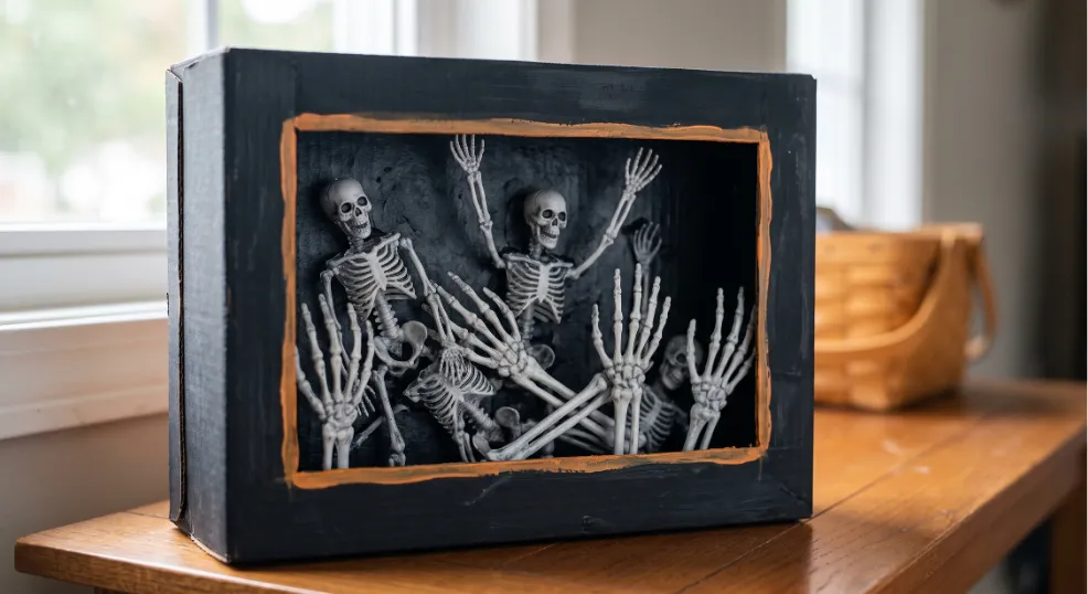 A realistic, amateur-style photograph of a handmade Halloween shadow box decoration displayed on a wooden table in an American entryway. The black painted cardboard box with hand-painted orange trim is filled with layered plastic skeleton figures and reaching skeleton hands, capturing a scene of bones breaking free under soft natural daylight. Textures show the rustic paint and plastic bone details.
