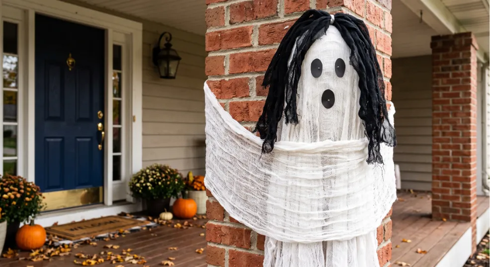 A realistic photograph of a life-sized, handmade gauze ghost wrapped around a rustic red brick porch column. The ghost features messy black crepe paper hair, textured wrinkled cheesecloth, and a simple black paper cutout face. The background shows a cozy American home entrance with a dark blue front door, brass hardware, a 'WELCOME' mat, potted orange mums, small pumpkins, and scattered autumn leaves under natural daylight.