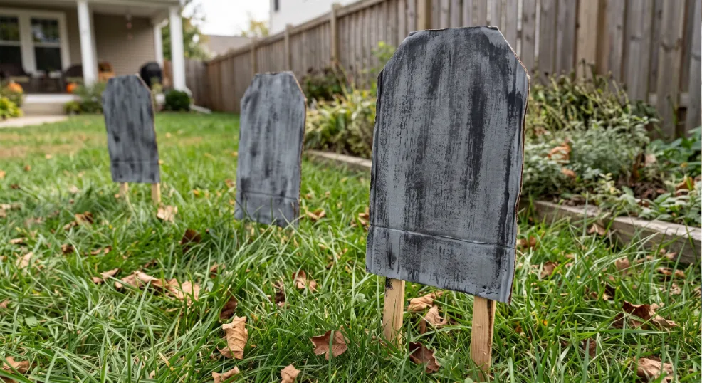 A realistic photograph of three hand-painted DIY cardboard tombstones with rough textures staked into a backyard lawn amidst green grass and scattered fallen autumn leaves for rustic outdoor Halloween decorations.