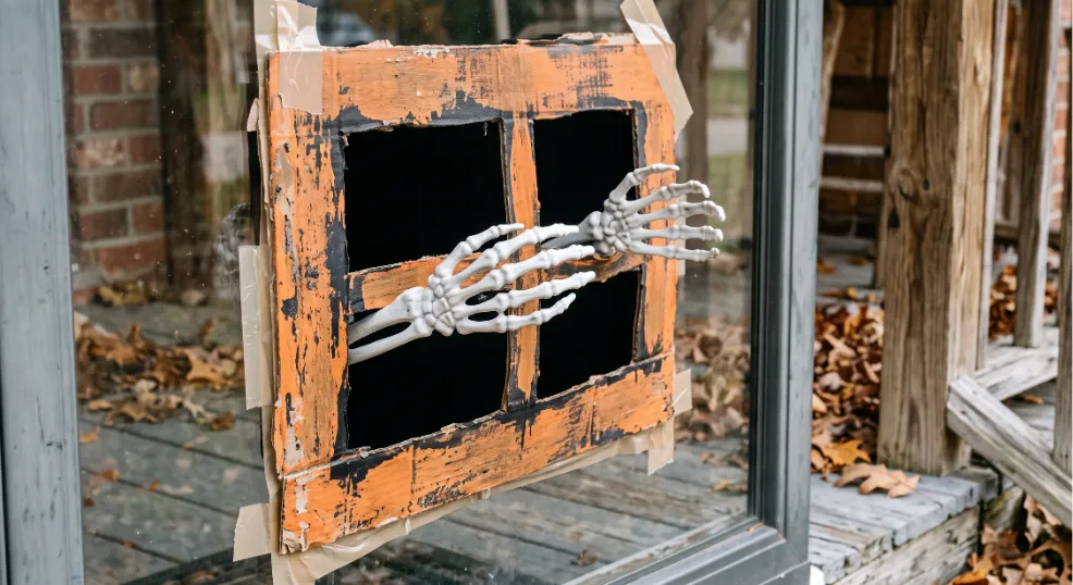 White plastic skeleton hands reaching outward through a distressed orange and black painted cardboard window frame, taped directly to an exterior glass window on a porch with scattered fall leaves.