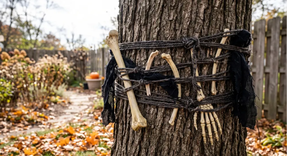 A wooden craft table in a cozy American home setup for Halloween activities, covered with handmade white paper ghosts, black paper bats, glowing amber LED candles, and a clear glass jar holding natural twine and scissors.