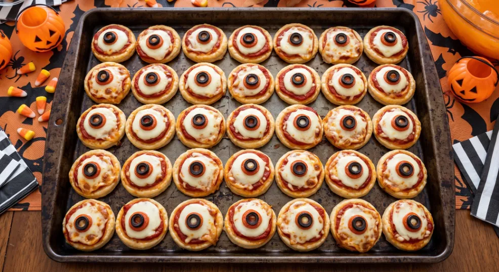 A top-down view of mini Halloween pizzas topped with round mozzarella, tomato, and black olive slices arranged to look like spooky eyeballs, freshly baked on a dark metal baking sheet for a festive indoor American party buffet.