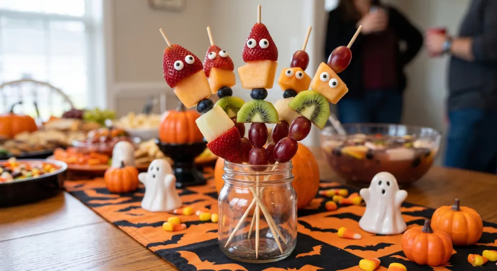 An amateur home photograph of colorful fruit skewers featuring fresh strawberries, kiwi, pineapple, and melons adorned with candy eyes, standing upright in a small glass jar on a themed American indoor Halloween party table spread.