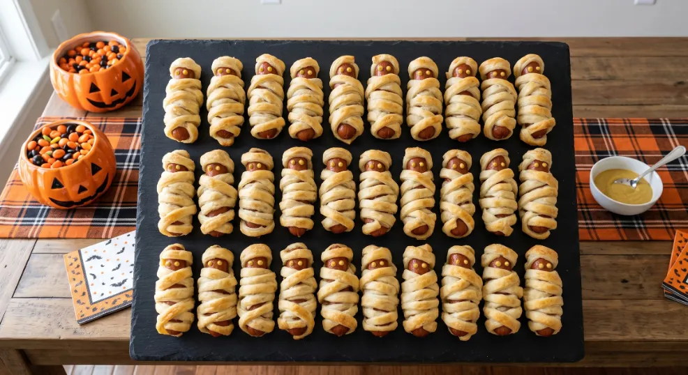 Halloween Party Food. A top-down view of golden-brown mummy hot dog appetizers wrapped in flaky pastry strips, arranged neatly on a black rectangular serving board alongside mini pumpkins and candy for an indoor American Halloween party buffet.