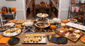 A wide, eye-level photograph of a festive indoor Halloween party snack table featuring mummy hot dog appetizers, decorated ghost treats, Halloween sugar cookies, and a large charcuterie board arranged on a plaid runner amidst orange and black decorations.
