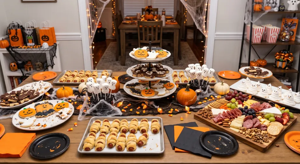A wide, eye-level photograph of a festive indoor Halloween party snack table featuring mummy hot dog appetizers, decorated ghost treats, Halloween sugar cookies, and a large charcuterie board arranged on a plaid runner amidst orange and black decorations.