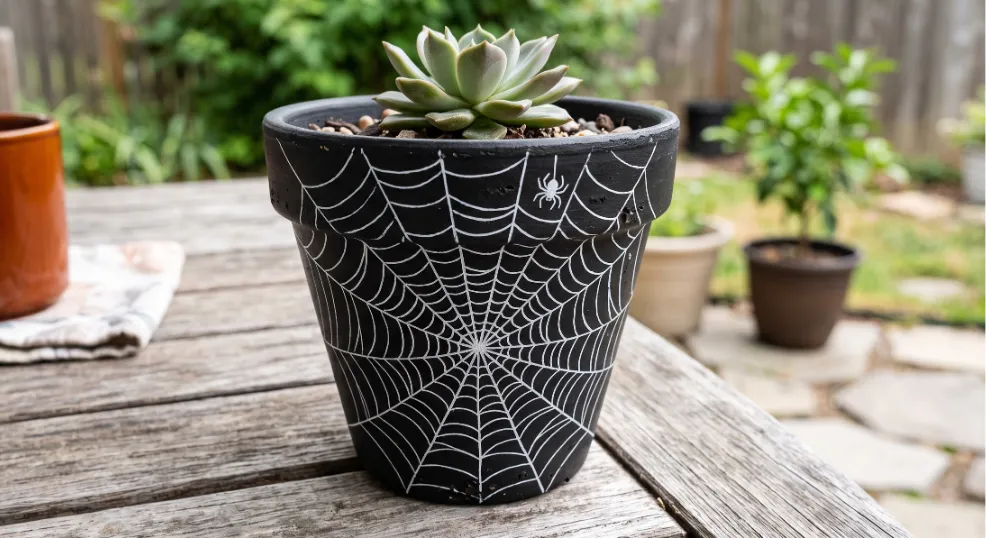 A close-up of a matte black terracotta planter detailed with fine white paint marker spiderweb linework and a small hand-painted spider, holding a green succulent on a rustic wooden garden table outdoors.