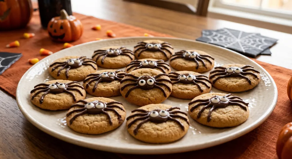 A close-up of round cookies decorated with piped chocolate spider legs and candy googly eyes, served on a cream ceramic platter atop a festive Halloween party table featuring orange linens, scattered candy corn, and miniature pumpkins.   
