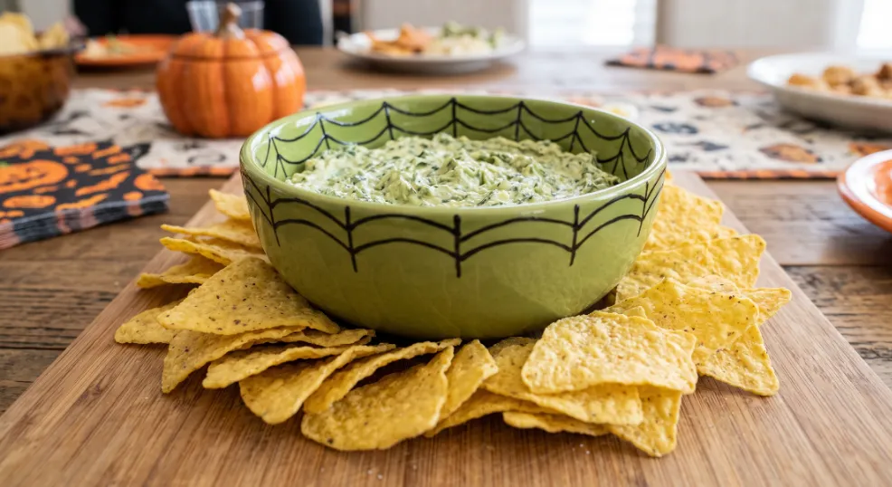 A realistic photograph of a green serving bowl decorated with a black spiderweb design, filled with creamy green dip, and surrounded by a radiating circle of tortilla chips on a rustic wooden board at an indoor American Halloween party.