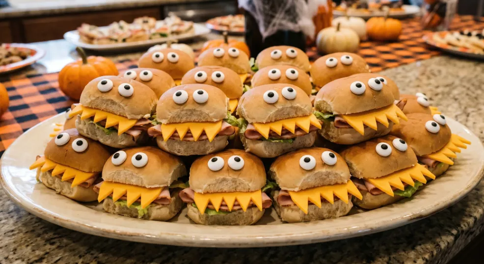 A realistic close-up photograph of numerous small ham and lettuce slider sandwiches with soft buns, decorated with hand-placed oversized candy eyes and jagged cheddar cheese teeth, stacked closely on a large cream-colored serving platter on a festive indoor Halloween party buffet table in an American home, surrounded by pumpkins, candy corn, and a spiderweb.