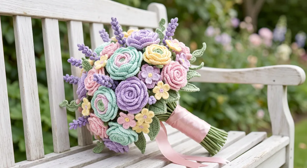 A detailed close-up photograph capturing a handcrafted pastel garden-style crochet bridal bouquet featuring intricate yarn flowers in lavender, mint green, baby pink, and pale yellow, resting on a white-painted wooden garden bench. Soft natural daylight highlights the detailed crochet stitches and the blush pink satin ribbon stem wrap, set against a lush, softly blurred garden backdrop.