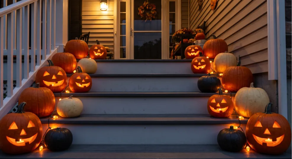 A realistic photograph shows a balanced, symmetrical arrangement of alternating carved, glowing jack-o'-lanterns and uncarved pumpkins lining both sides of a residential front staircase. Small, warm amber globe string lights are tucked among the pumpkins, which display distinct ridged textures and hand-carved expressions. The scene is set on an authentic American outdoor porch with a decorated entryway and illuminated house siding at moody evening twilight.
