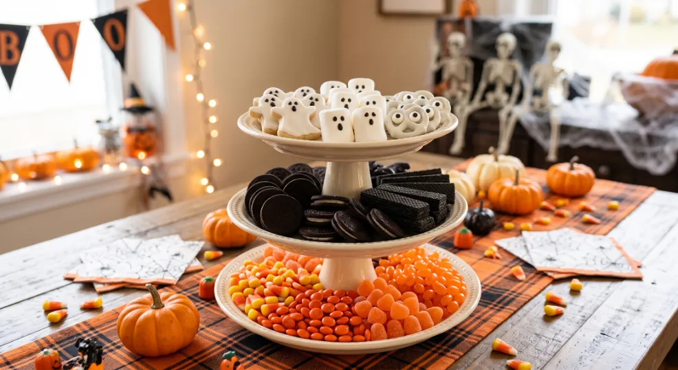 A realistic photograph of a three-tiered white serving stand displaying color-blocked Halloween treats, featuring white ghost cookies on the top tier, black chocolate sandwich cookies and wafers in the middle, and orange pumpkin candies and candy corn on the bottom, set on a plaid runner at an indoor American Halloween party buffet table.   