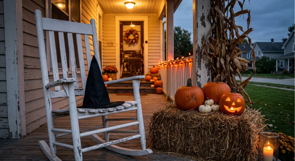 A weathered white wooden rocking chair holding a black witch hat sits on a classic American front porch, surrounded by rough hay bales, glowing jack-o'-lanterns, and brittle dried corn stalks under moody twilight lighting.