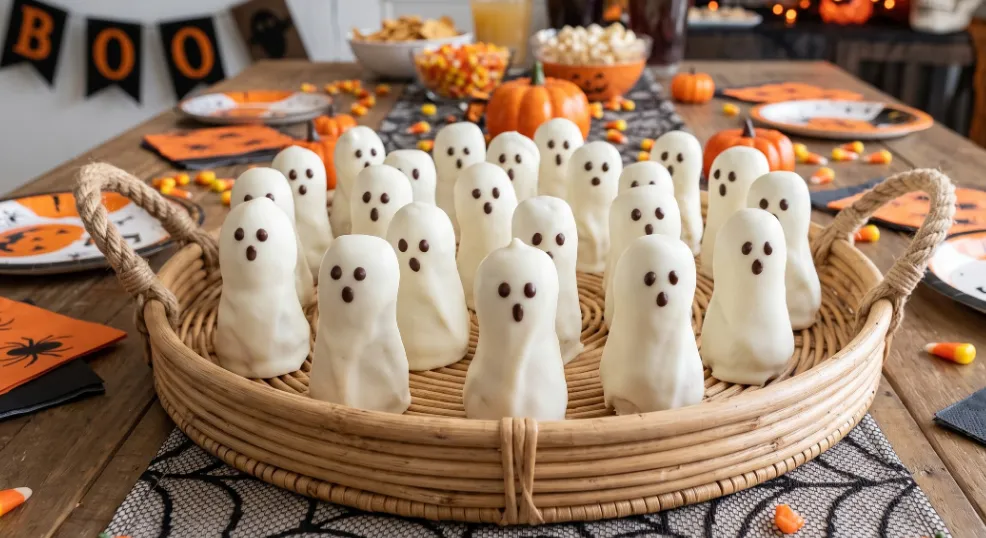 A realistic photograph of smooth, white chocolate-dipped ghost dessert treats with small chocolate eyes, standing upright on a natural woven serving tray atop a festive indoor Halloween party table decorated with orange and black accents, miniature pumpkins, and candy corn.   