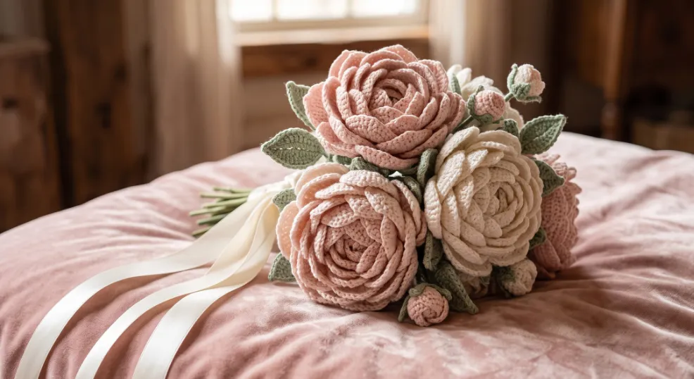 An elegant, luxurious crochet peony bridal bouquet resting on a plush pale pink velvet fabric by a natural window, featuring three large, multi-layered handmade peony blooms in blush and creamy white yarn, accented with delicate buds, sage green leaves, and trailing ivory satin ribbons.
