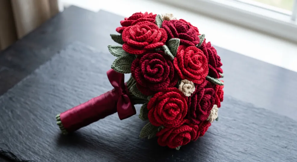 A dramatic, dome-shaped crochet bridal bouquet featuring tightly arranged deep crimson and ruby red yarn roses with a thick burgundy satin ribbon handle, resting on a dark slate surface illuminated by soft natural window light.