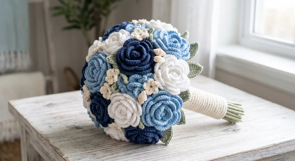 A coastal-inspired crochet bridal bouquet resting on a whitewashed wooden table beside a bright window, featuring textured navy, sky blue, and crisp white yarn flowers accented with tiny faux shells and a rope-wrapped handle.