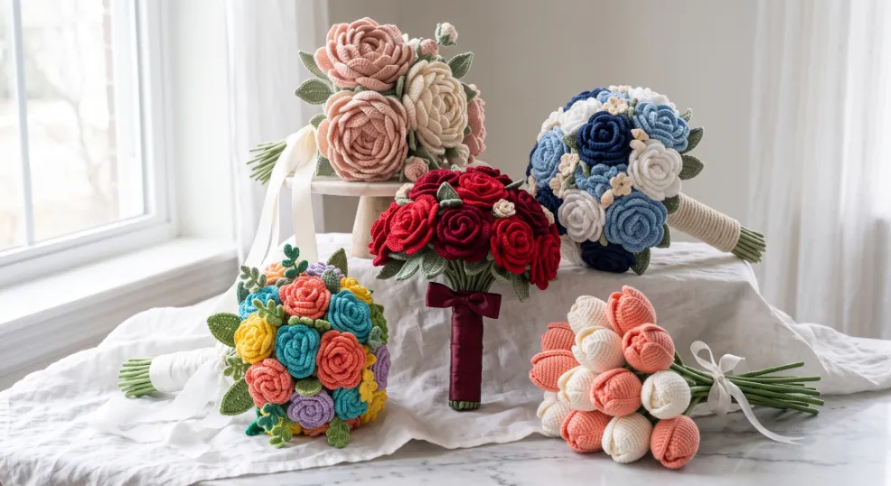 A collection of five distinct handmade crochet bridal bouquets, featuring blush peonies, coastal blue blooms, classic red roses, a vibrant multicolor cluster, and coral tulips, elegantly displayed on a draped white linen and marble surface near a sunlit window.