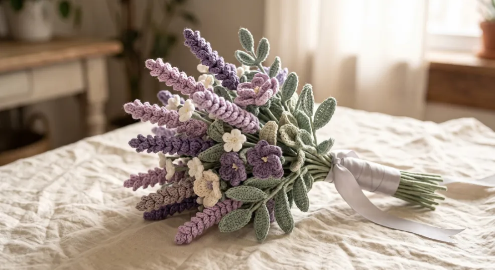 A natural, gathered lavender-inspired crochet bridal bouquet featuring textured lilac, dusty purple, and cream yarn flowers and foliage, resting on a crumpled vintage cream linen tablecloth by a sunlit window.
