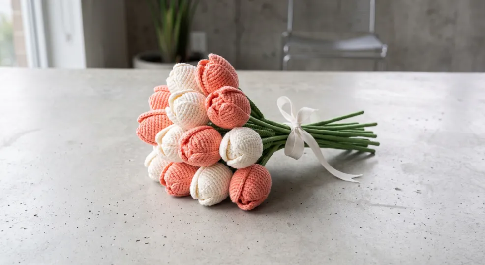 A modern crochet tulip bouquet resting on a smooth light grey concrete table near a window, featuring a dozen tightly gathered hand-crocheted tulip blooms in soft coral and warm white yarn with long green stems tied neatly with a thin white ribbon.