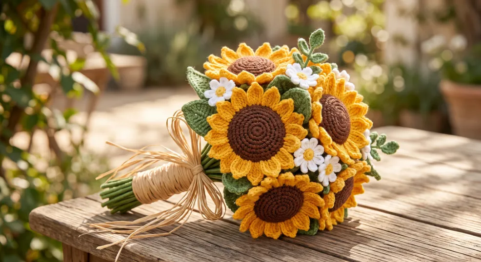 A cheerful, rustic crochet sunflower bridal bouquet resting on a weathered natural wood farm table outdoors, featuring large handmade golden yellow sunflowers with textured chocolate brown centers, white daisy accents, green leaves, and stems tightly wrapped in natural raffia.