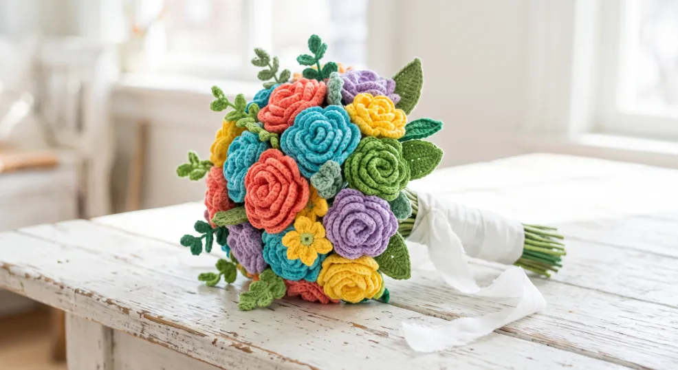 A joyful, loosely rounded multicolor crochet bouquet featuring bright coral, turquoise, yellow, and soft violet yarn blooms with green leaf accents and a wide white ribbon handle, resting on a rustic white-painted wooden table in soft natural light.